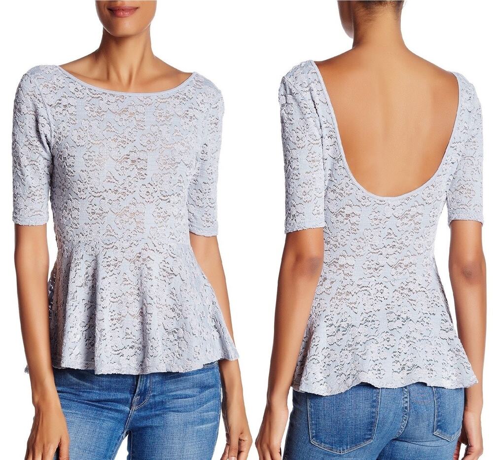 Free People Silver Second Chance Scoop Back Stretch Lace Peplum Blouse Size M